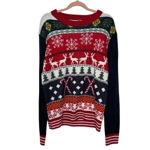 Ugly Christmas Sweater Red White Reindeer Snowflakes Candy Cane Women’s Size M